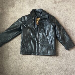 Whispering Smith Black Faux Leather Bomber Jacket Full Zip Coat Boys Size S